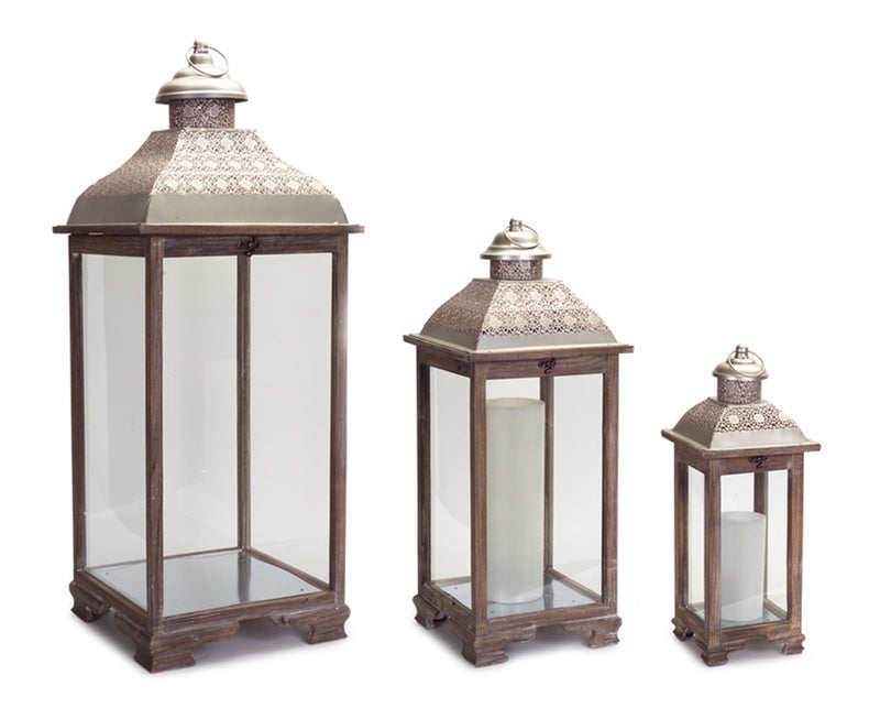 Metal/Wood Decorative Lanterns (Set of 3)
