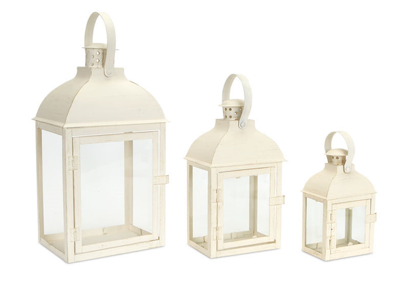Small White Iron/Glass Decorative Lanterns (Set of 3)