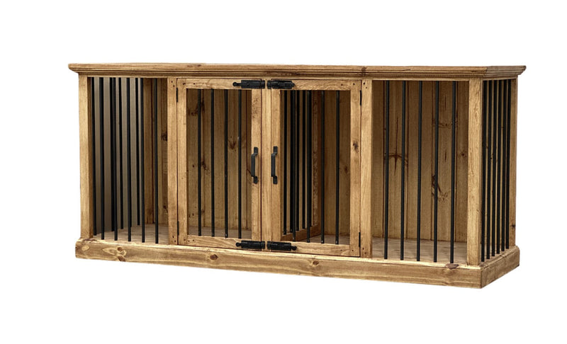 Wooden pet kennel with black pulls and black bars
