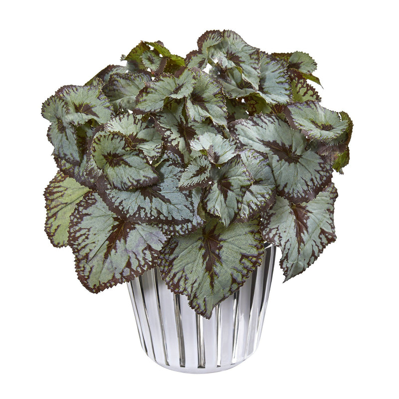 10” Begonia Artificial Plant in White and Silver Trimmed Vase (Set of 2) by Nearly Natural