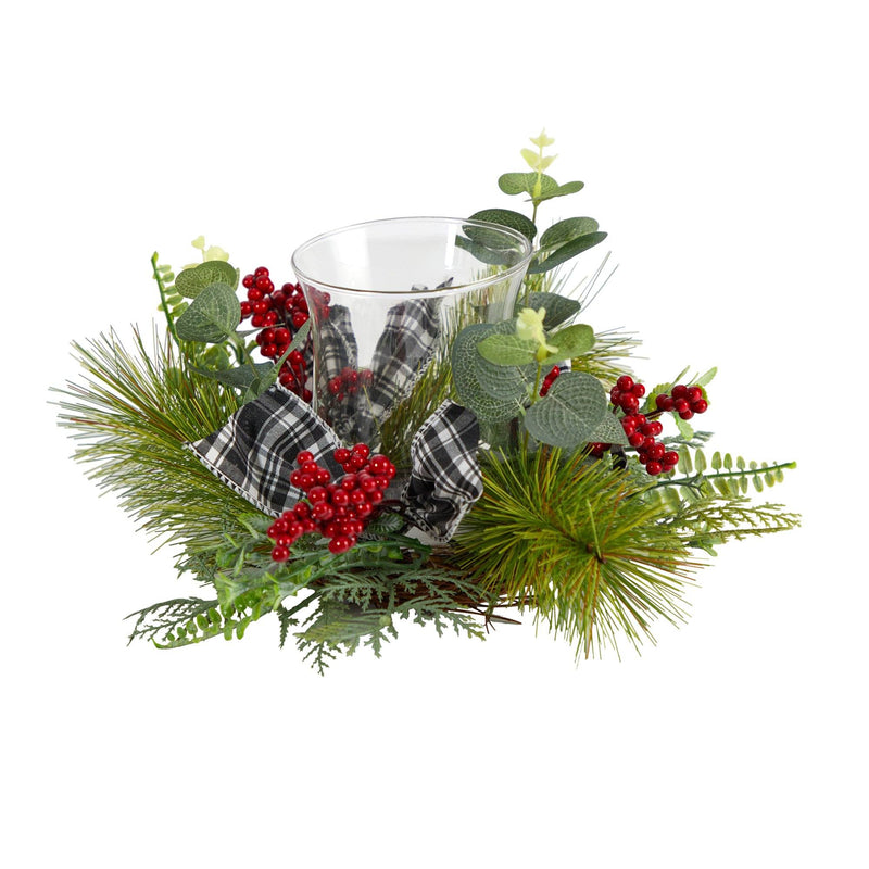10” Evergreen Pine and Red Berries Artificial Christmas Candelabrum with Decorative Bows