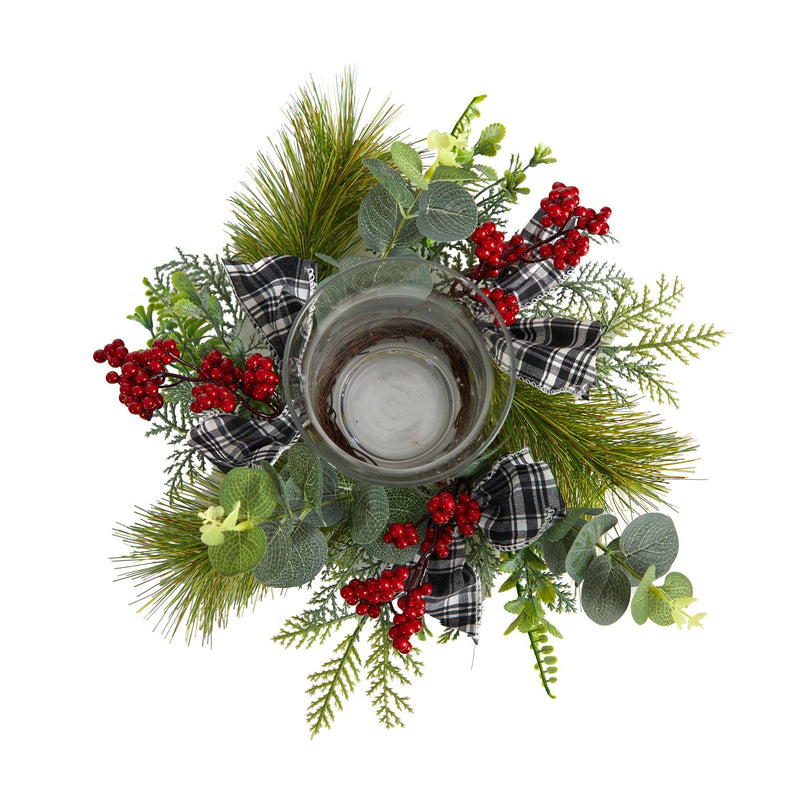 10” Evergreen Pine and Red Berries Artificial Christmas Candelabrum with Decorative Bows