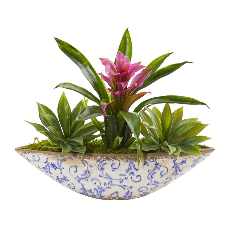 11" Bromeliad and Agave Artificial Plant in Floral Planter"
