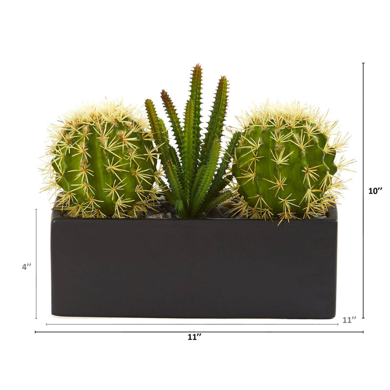 11” Cactus Succulent Artificial Plant in Black Planter