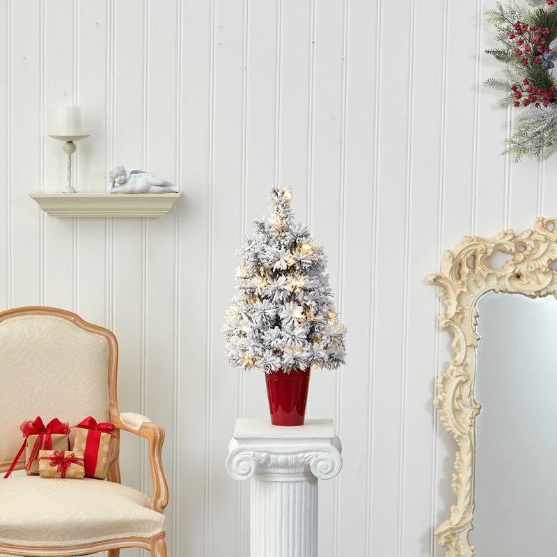 2’ Flocked Artificial Christmas Tree with 30 Clear LED Lights in Burgundy Vase