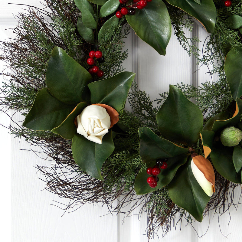 20” Cedar, Ruscus and Magnolia with Berries Artificial Wreath