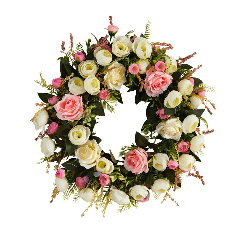 20” White & Pink Rose Artificial Wreath by Nearly Natural