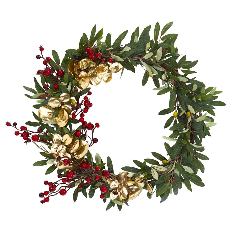 21” Olive, Berries and Gold Eucalyptus Artificial Wreath