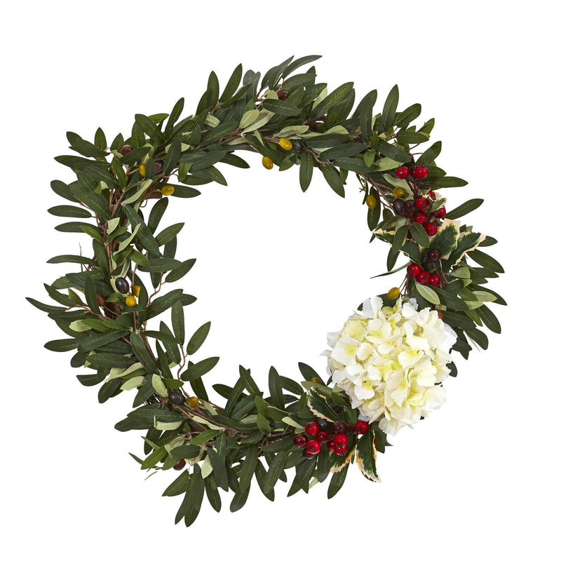 21” Olive, Hydrangea and Holly Berry Artificial Wreath