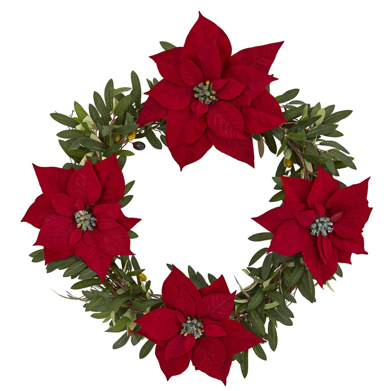 21” Olive with Poinsettia Artificial Wreath