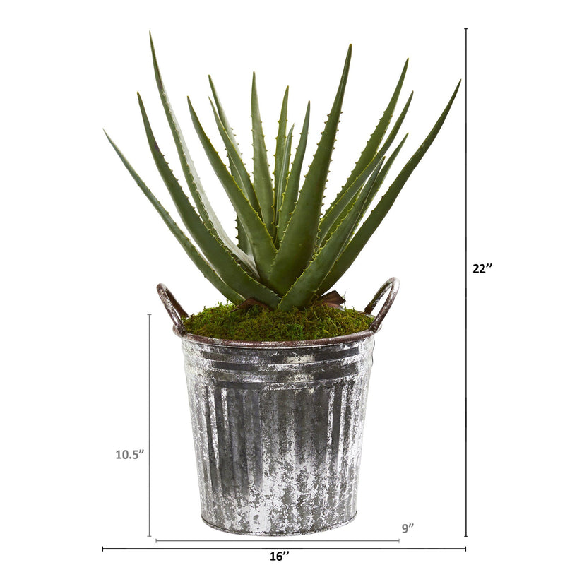 22” Aloe Artificial Plant in Vintage Metal Pail by Nearly Natural