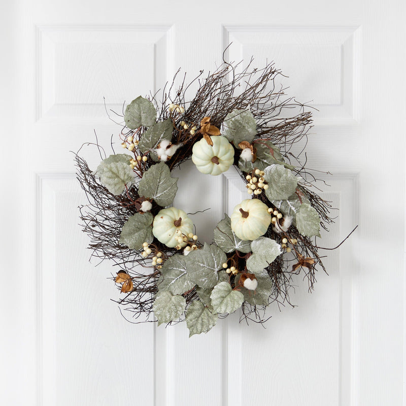 22” Autumn Green Pumpkin, Cotton and Berries Artificial Fall Wreath