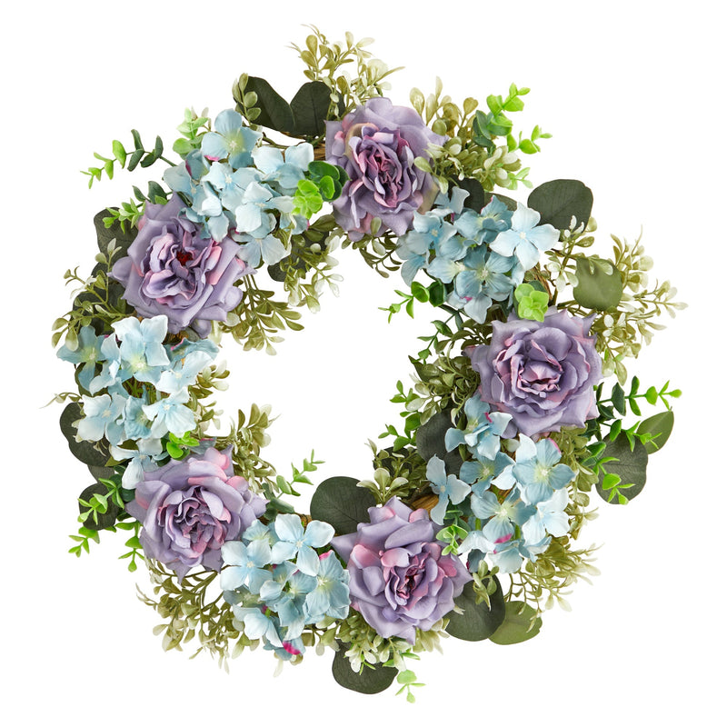 22” Blue Hydrangea and Purple Rose Artificial Wreath by Nearly Natural