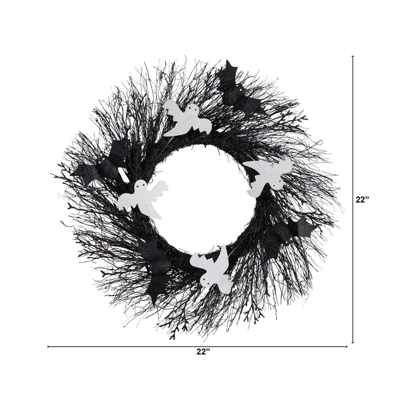 22" Halloween Ghost and Bats Twig Wreath