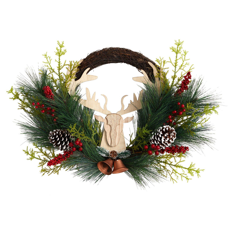 22” Holiday Christmas Woodland Deer, Pine Cones and Berries Wreath
