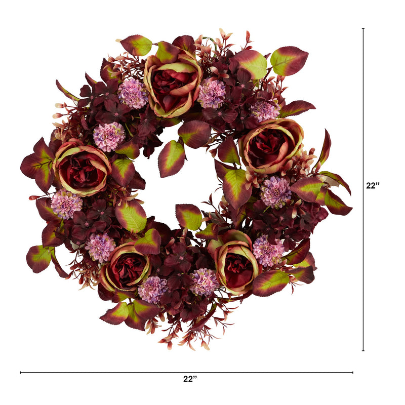 22” Mixed Fall Rose and Hydrangea Autumn Artificial Wreath