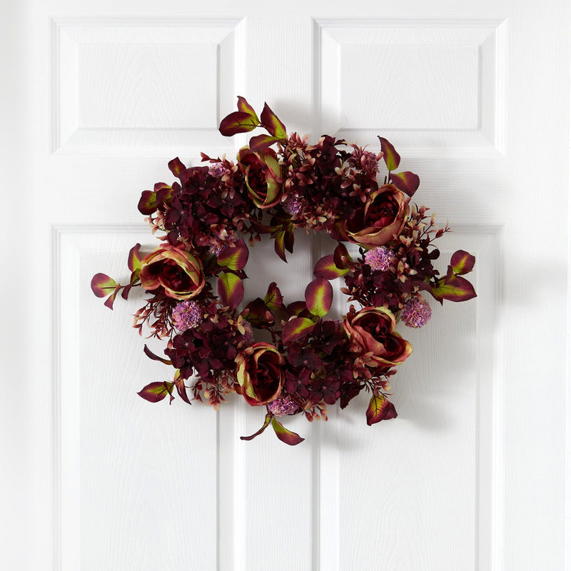 22” Mixed Fall Rose and Hydrangea Autumn Artificial Wreath