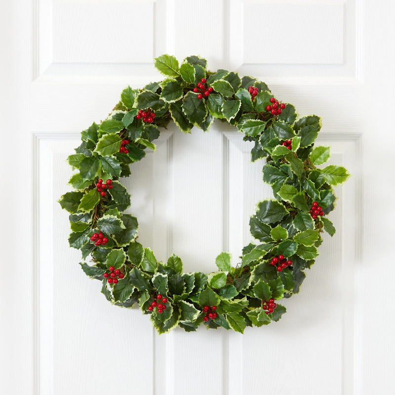 22” Variegated Holly Leaf with Berries Artificial Christmas Wreath by Nearly Natural