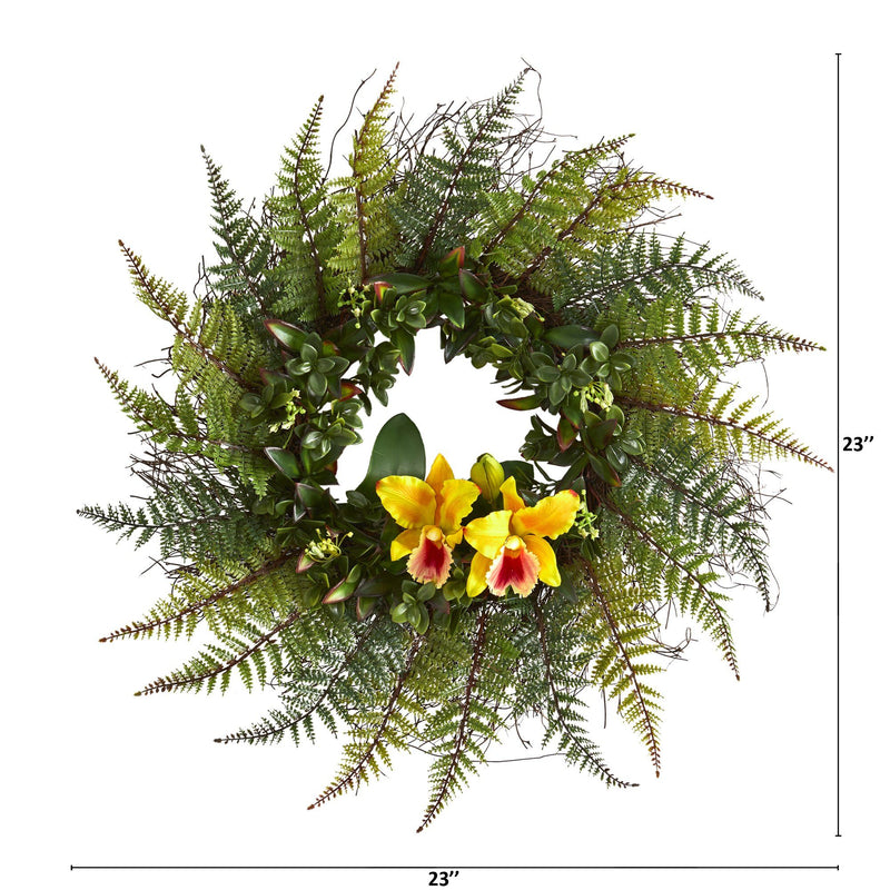 23” Assorted Fern and Cattleya Orchid Artificial Wreath