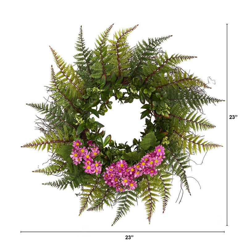 23” Assorted Fern and Daisy Artificial Wreath