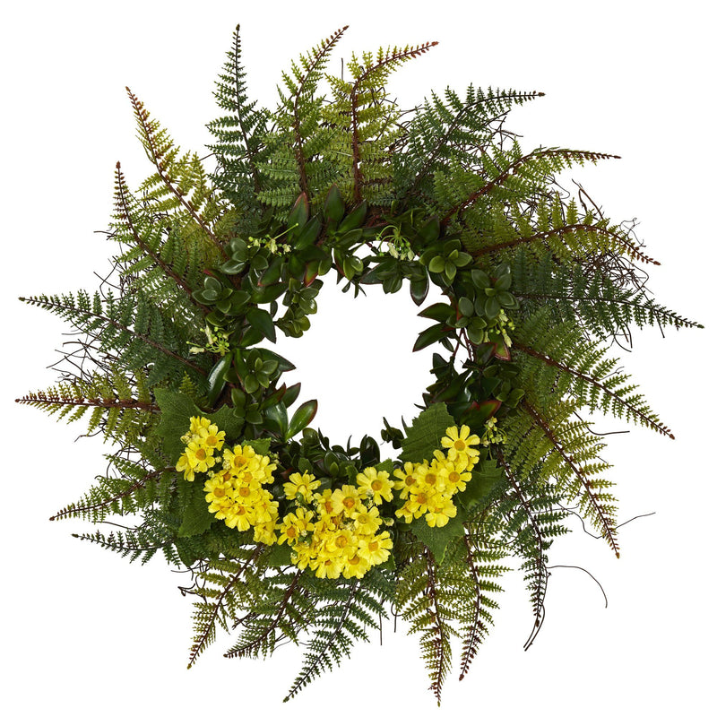 23” Assorted Fern and Daisy Artificial Wreath
