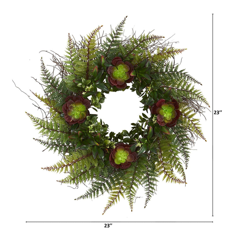 23” Assorted Fern and Echeveria Succulent Artificial Wreath