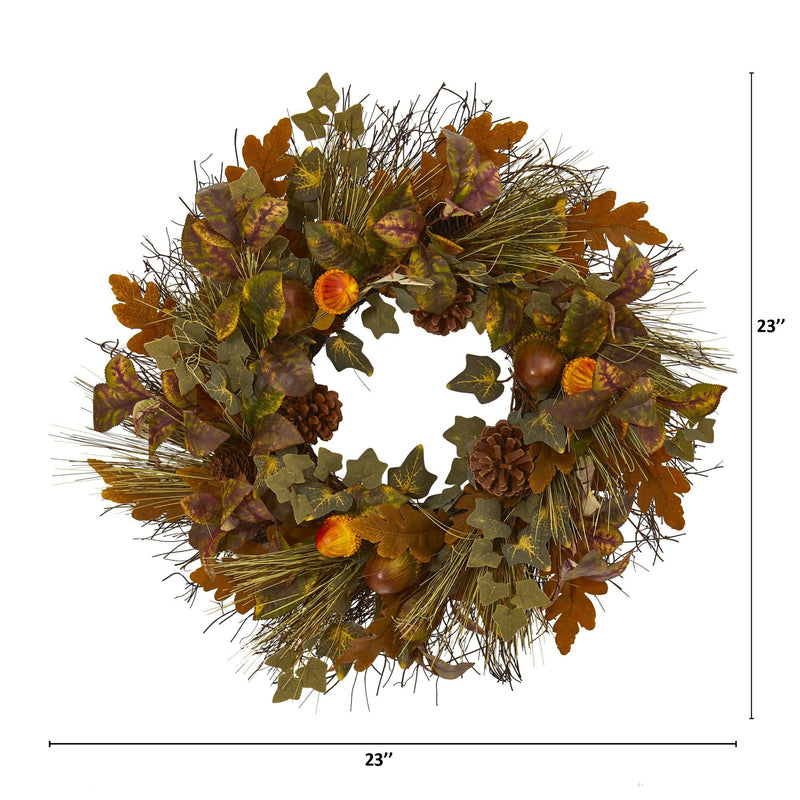 23” Mixed Fall Leaf, Pinecone and Acorn Artificial Wreath