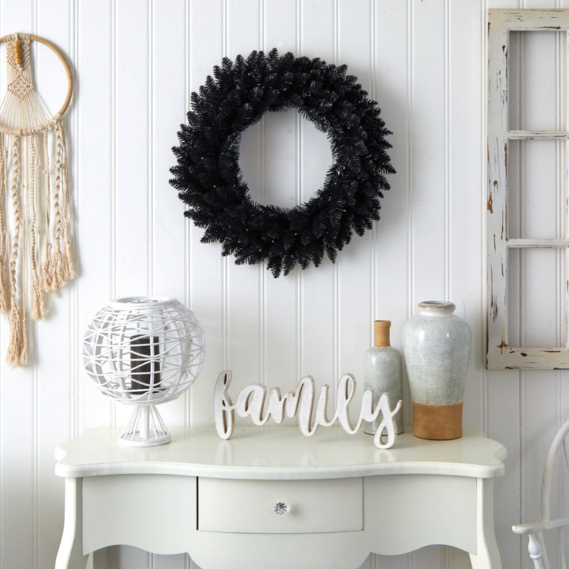 24” Black Artificial Wreath with 35 Warm White LED Lights