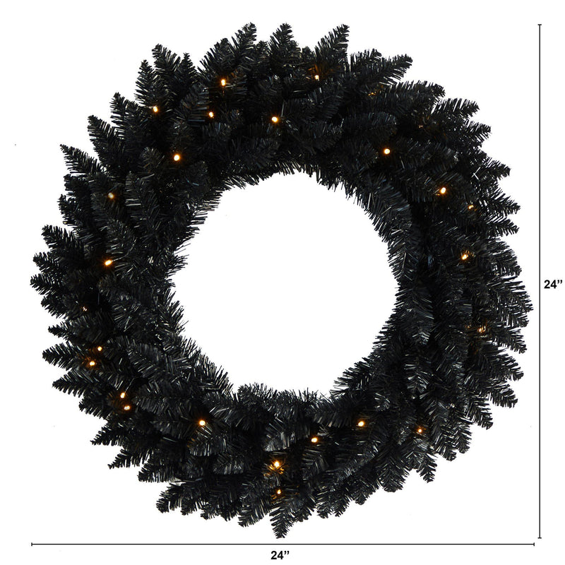 24” Black Artificial Wreath with 35 Warm White LED Lights