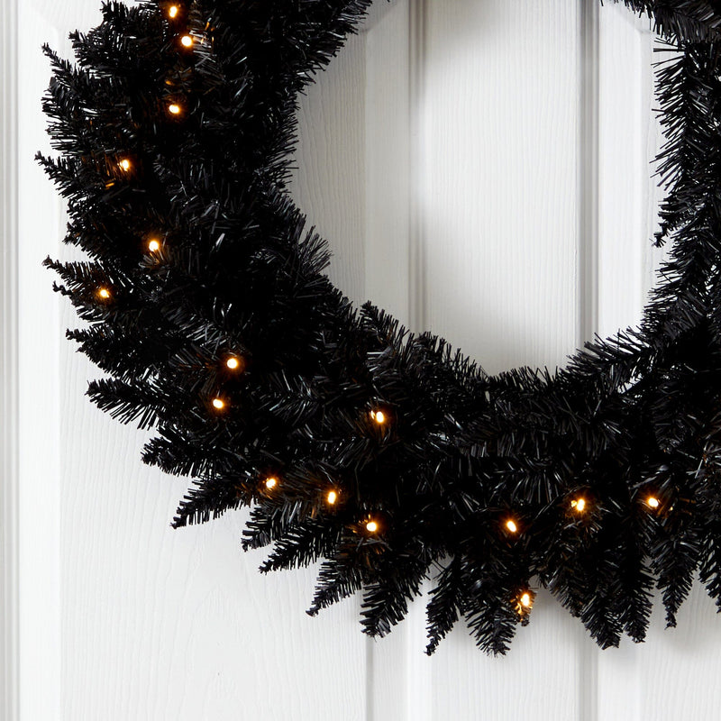 24” Black Artificial Wreath with 35 Warm White LED Lights