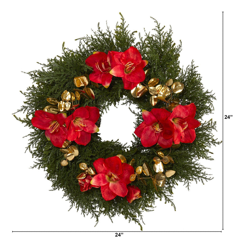 24” Cedar, Amaryllis and Metallic Eucalyptus Artificial Wreath