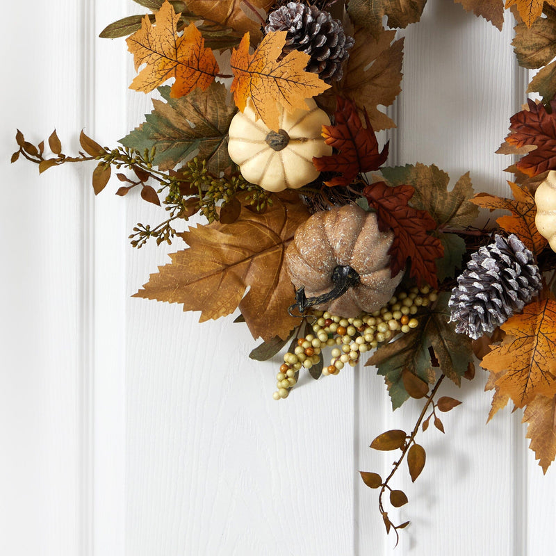 24” Fall Pumpkins, Pine Cones and Berries Artificial Wreath