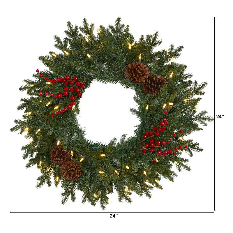 24” Green Pine Artificial Christmas Wreath with 50 Warm White LED Lights, Berries and Pine Cones