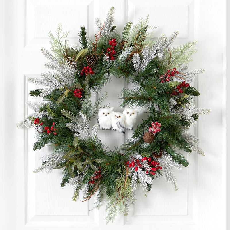24” Holiday Winter Owl Family Pinecone Berry Christmas Artificial Wreath by Nearly Natural