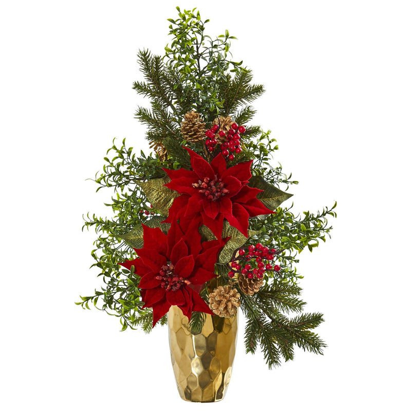 25” Poinsettia, Boxwood and Pine Artificial Arrangement in Gold Vase by Nearly Natural