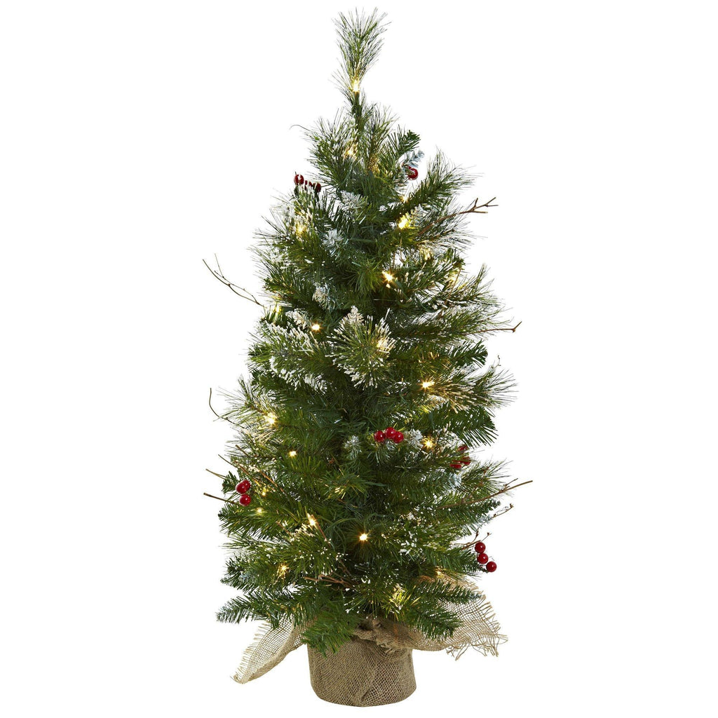 3' Christmas Tree w/Clear Lights Berries & Burlap Bag by Nearly Natural