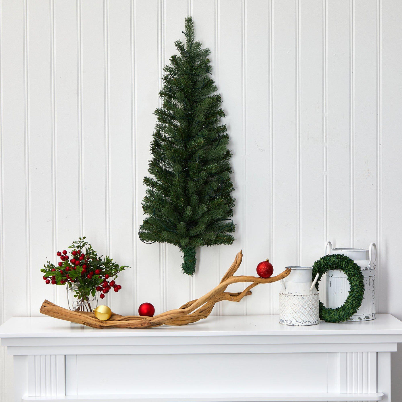 artificial hanging christmas plants 3' Flat Back Wall Hanging Artificial Christmas Tree with 35 Clear LED – Rustics for Less