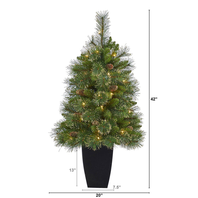 3.5’ Golden Tip Washington Pine Artificial Christmas Tree with 50 Clear Lights, Pine Cones and 148 Bendable Branches in Black Metal Planter