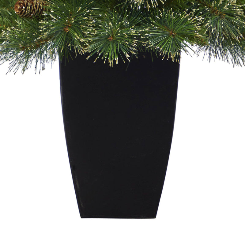 3.5’ Golden Tip Washington Pine Artificial Christmas Tree with 50 Clear Lights, Pine Cones and 148 Bendable Branches in Black Metal Planter