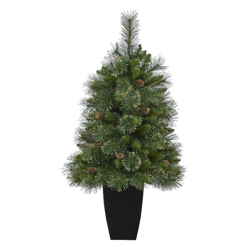 3.5’ Golden Tip Washington Pine Artificial Christmas Tree with 50 Clear Lights, Pine Cones and 148 Bendable Branches in Black Metal Planter