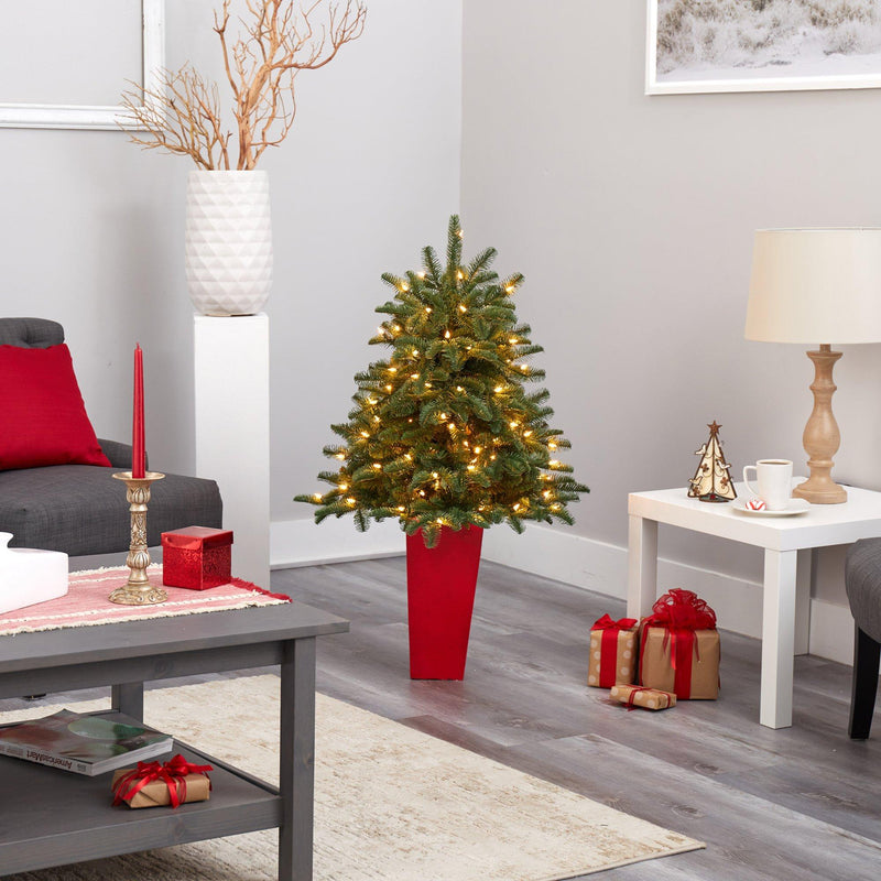 3.5’ South Carolina Spruce Artificial Christmas Tree with 100 White Warm Light and 458 Bendable Branches in Red Planter