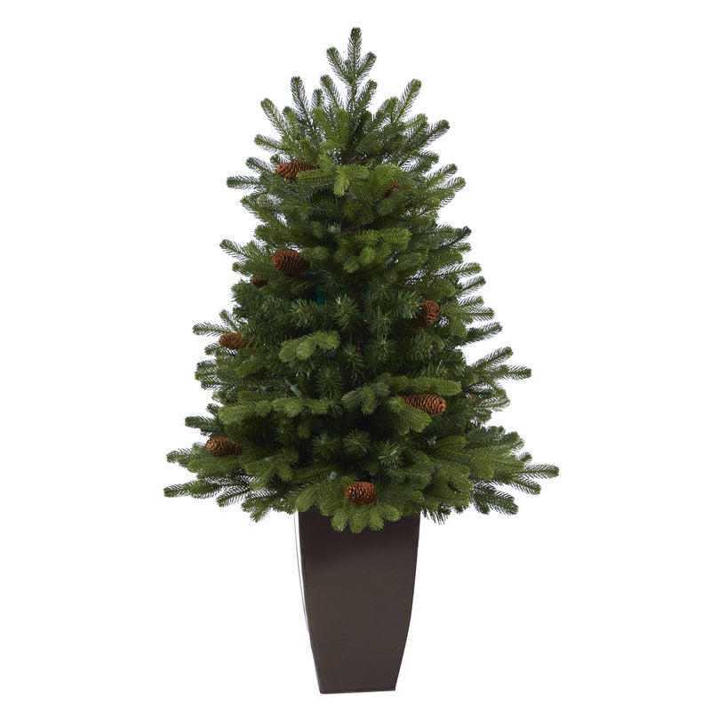 3.5’ Yukon Mountain Fir Artificial Christmas Tree with 50 Clear Lights and Pine Cones in Bronze Metal Planter
