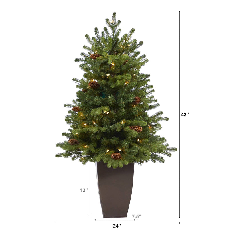 3.5’ Yukon Mountain Fir Artificial Christmas Tree with 50 Clear Lights and Pine Cones in Bronze Metal Planter