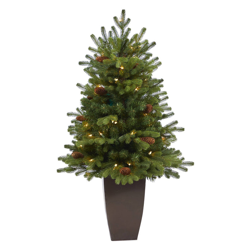 3.5’ Yukon Mountain Fir Artificial Christmas Tree with 50 Clear Lights and Pine Cones in Bronze Metal Planter