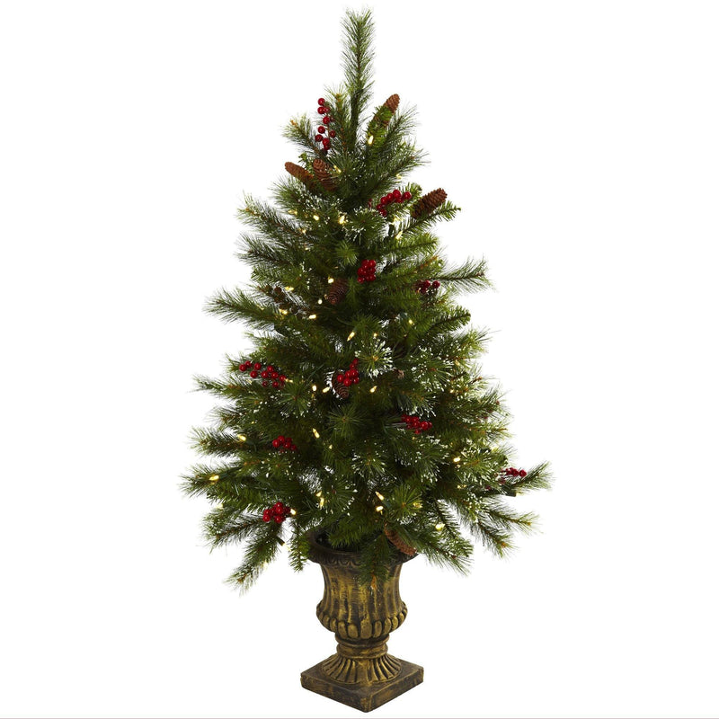 4’ Christmas Tree w/Berries, Pine Cones, LED Lights & Decorative Urn by Nearly Natural