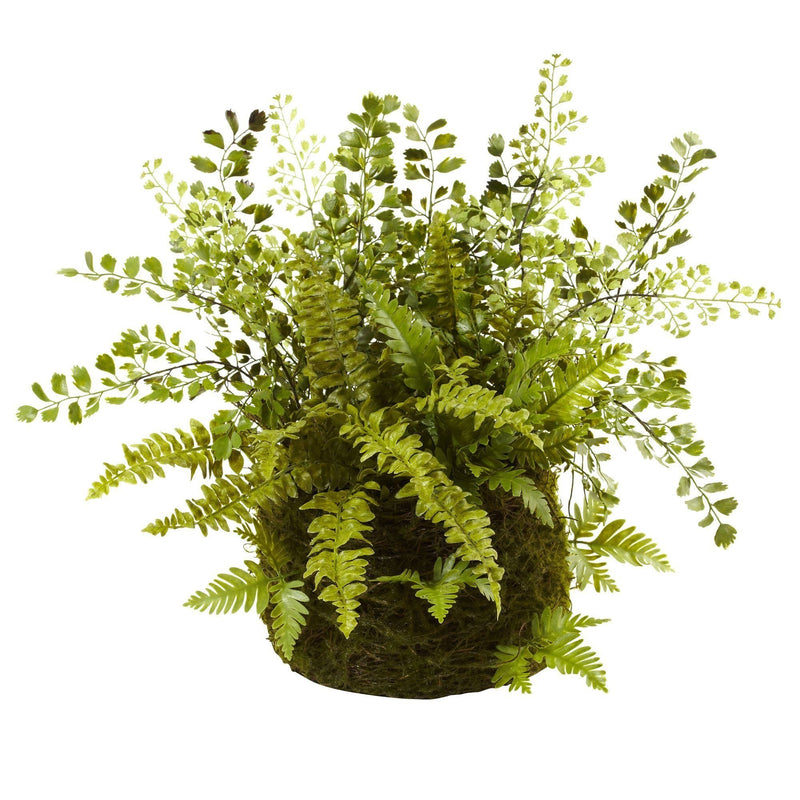 Mixed Fern w/Twig and Moss Basket by Nearly Natural