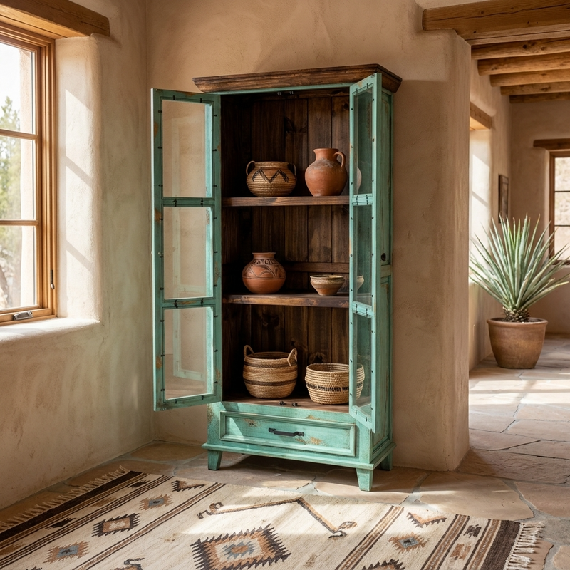 Socorro Tall Hutch with Glass Doors Rustic Cabinet