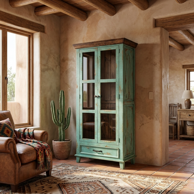 Socorro Tall Hutch with Glass Doors Rustic Cabinet