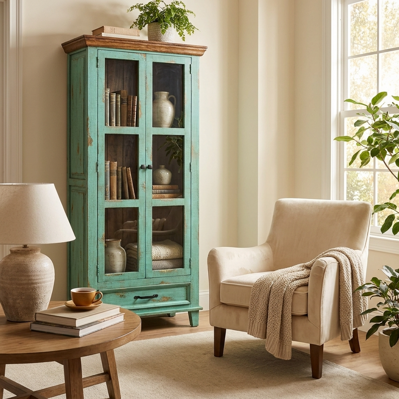 Socorro Tall Hutch with Glass Doors Rustic Cabinet