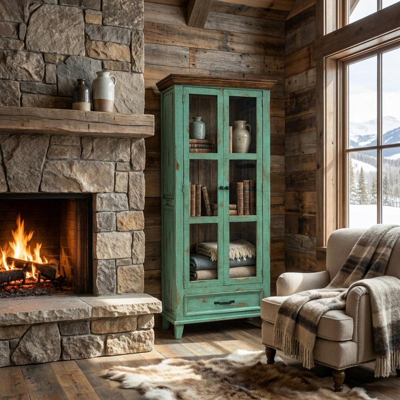 Socorro Tall Hutch with Glass Doors Rustic Cabinet